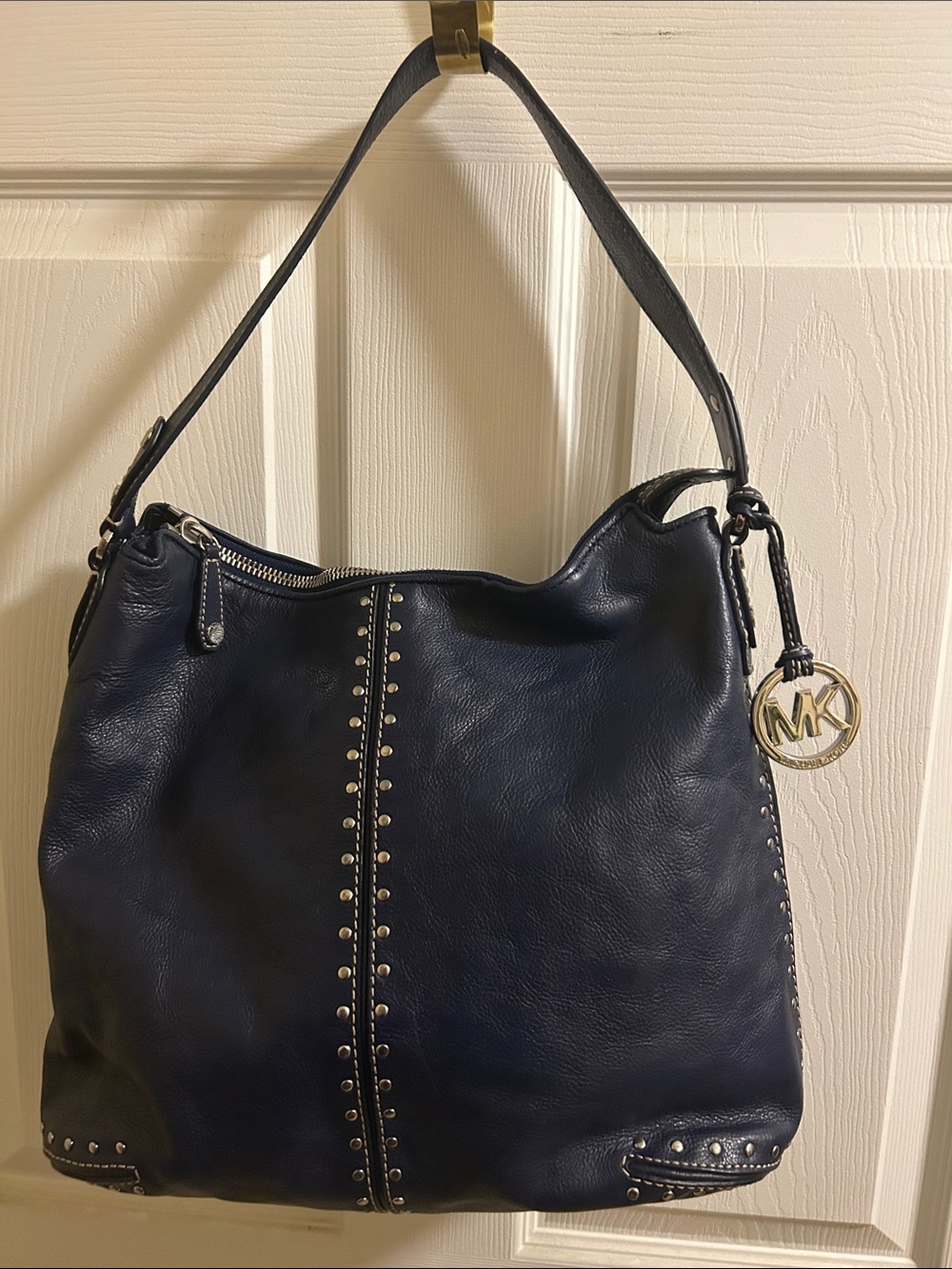 Michael Kors Navy Leather Stud-Trim Hobo - Picture 1 of 10